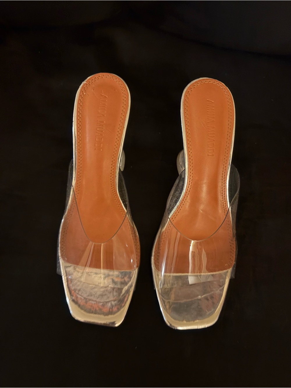 Amina Muaddi Clear PVC Mules with Tan Footbed and Silver Trim
